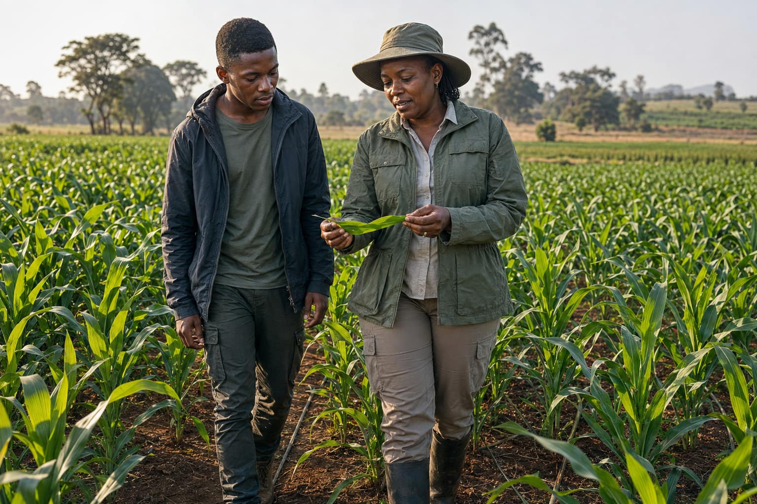A student walking a row of young maize with an agronomist inspecting a leaf
