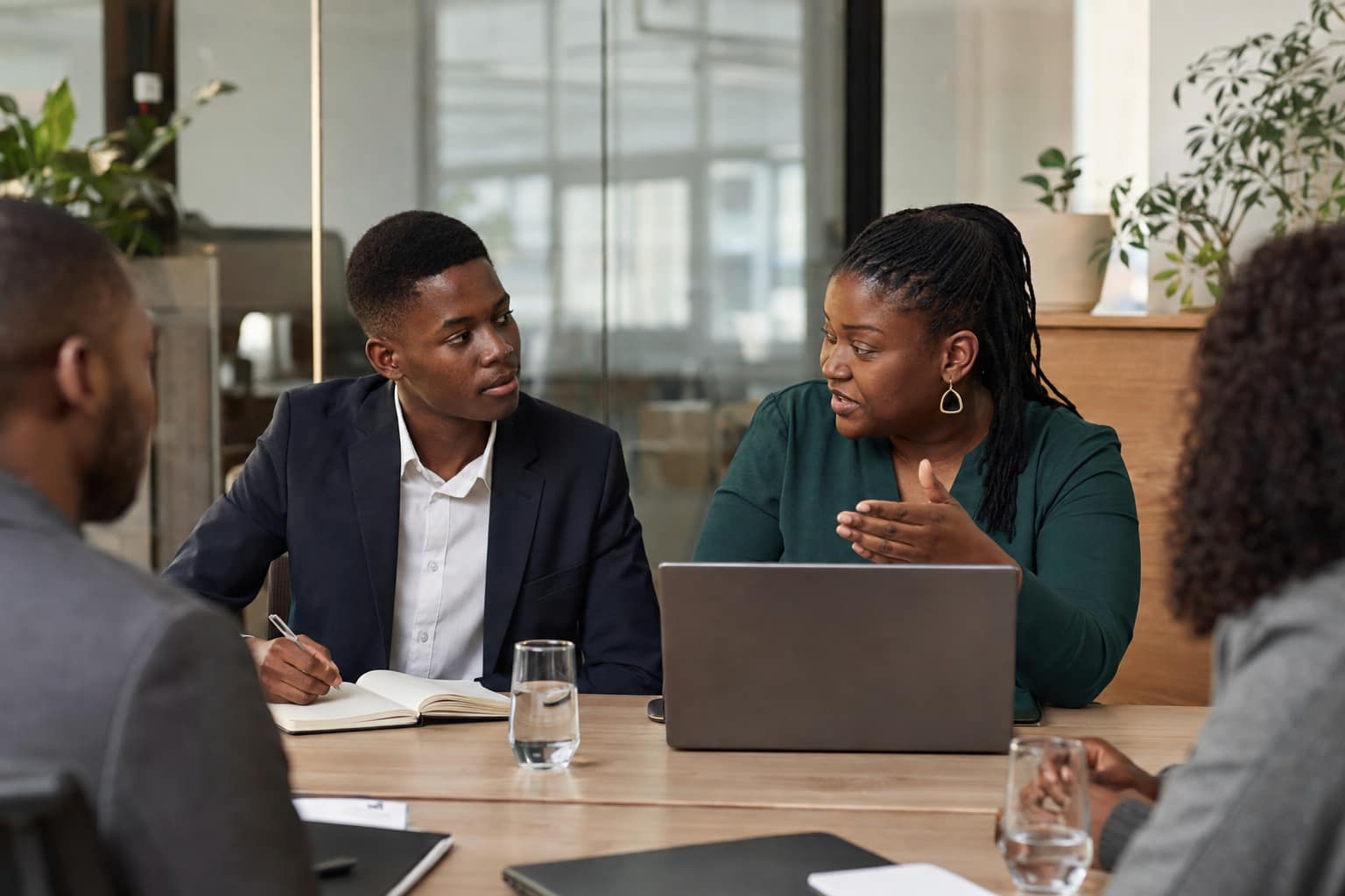 A student taking notes in a boardroom while a colleague explains figures at a laptop