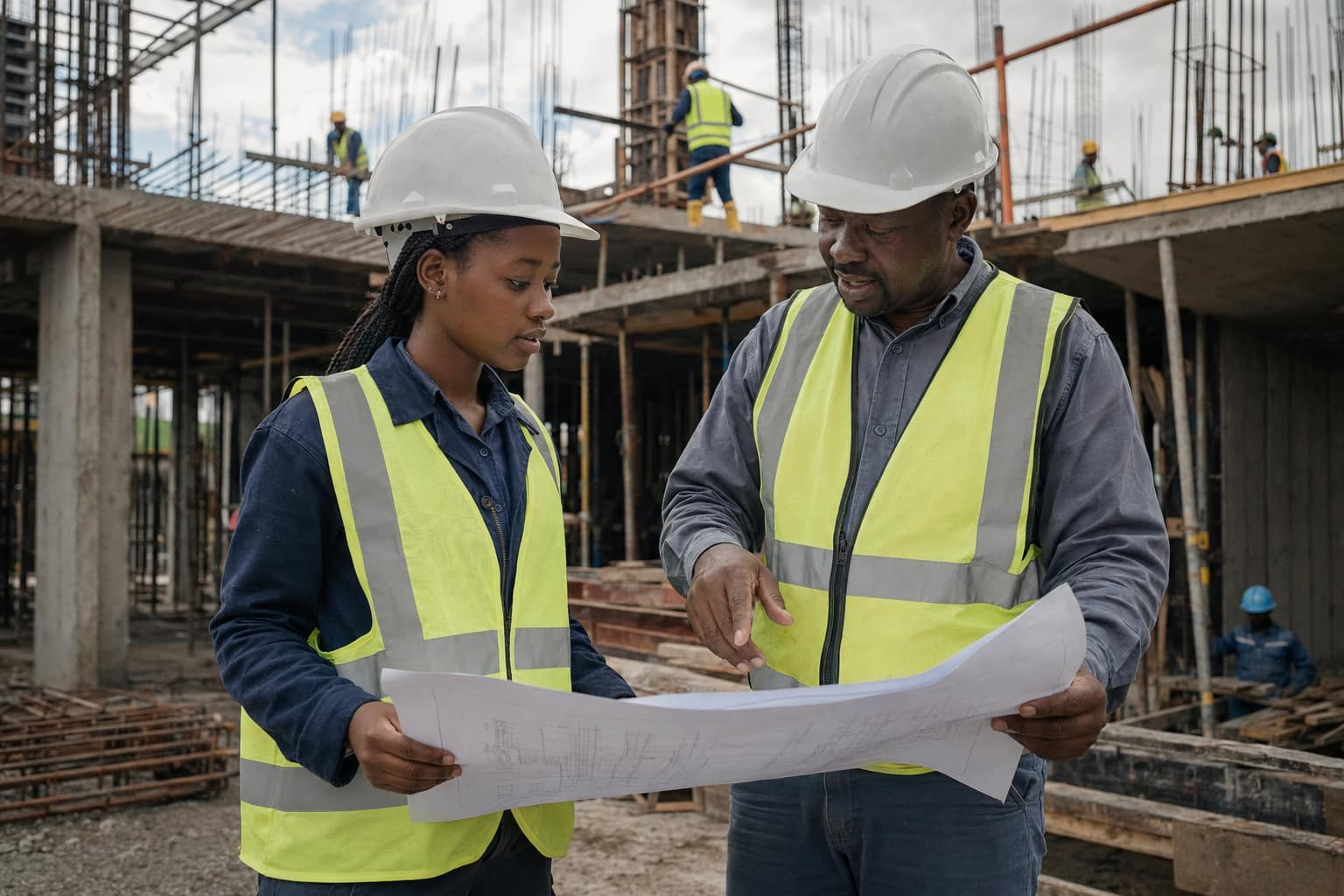 A student in a hard hat and hi-vis vest studying a site drawing with a senior engineer on a construction site