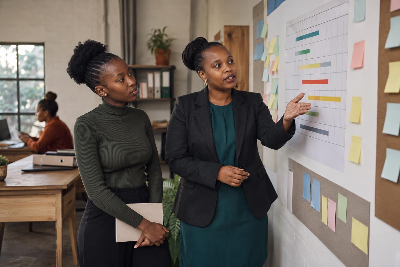 A student watching a project manager talk through a Gantt chart and sticky notes on an office planning wall
