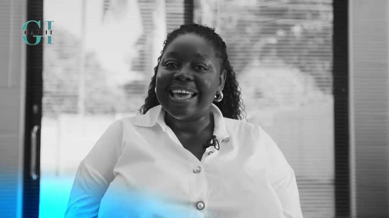 Video still of Nyasha Chiwuta speaking to camera for their GapIT testimony